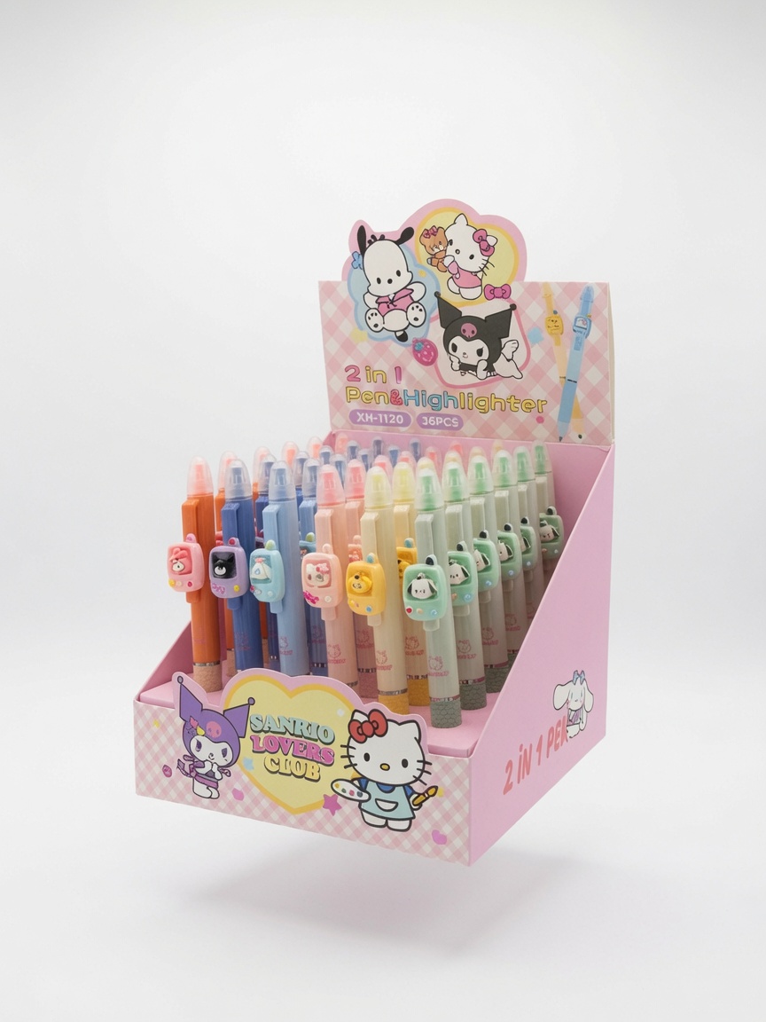2-in-1 Kawaii Ballpoint Pen & Highlighter Set – 36-Piece Display